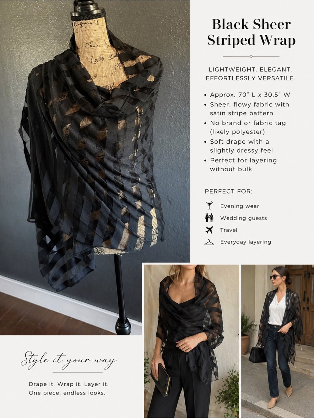 Sheer Black Striped Shawl Wrap Scarf | Lightweight Elegant Layering Piece”
